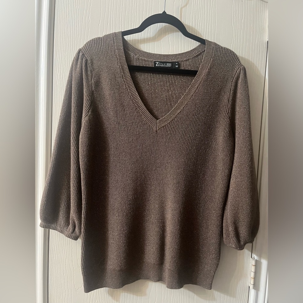🛍️Like New XL New York & Company V-Neck 3/4 Sleeve Shimmer Brown Sweater